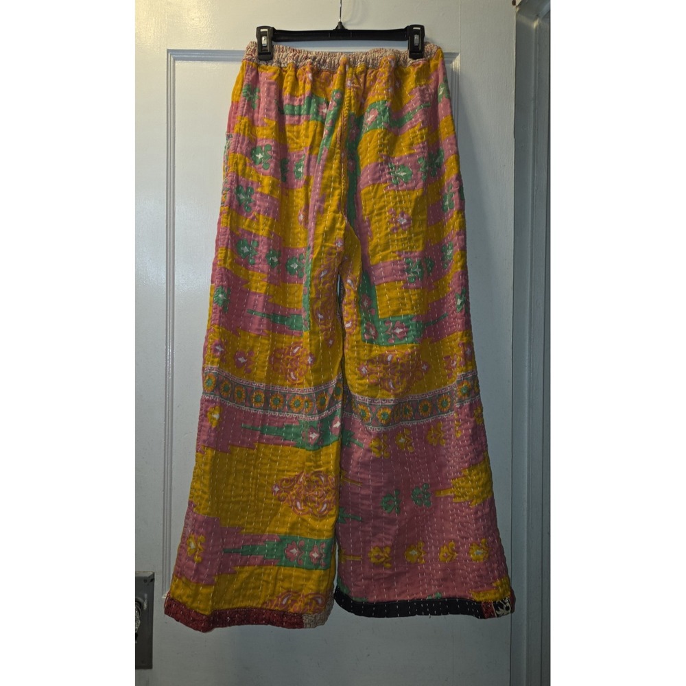 Kantha Pants. Reversible. Pink Yellow Floral. Navy Tan. Wide Leg. One Size